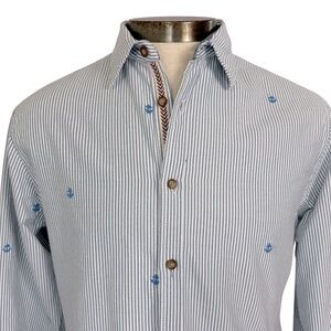 PD&C Men's Small White and Blue Striped Shirt with Anchor Details Natical